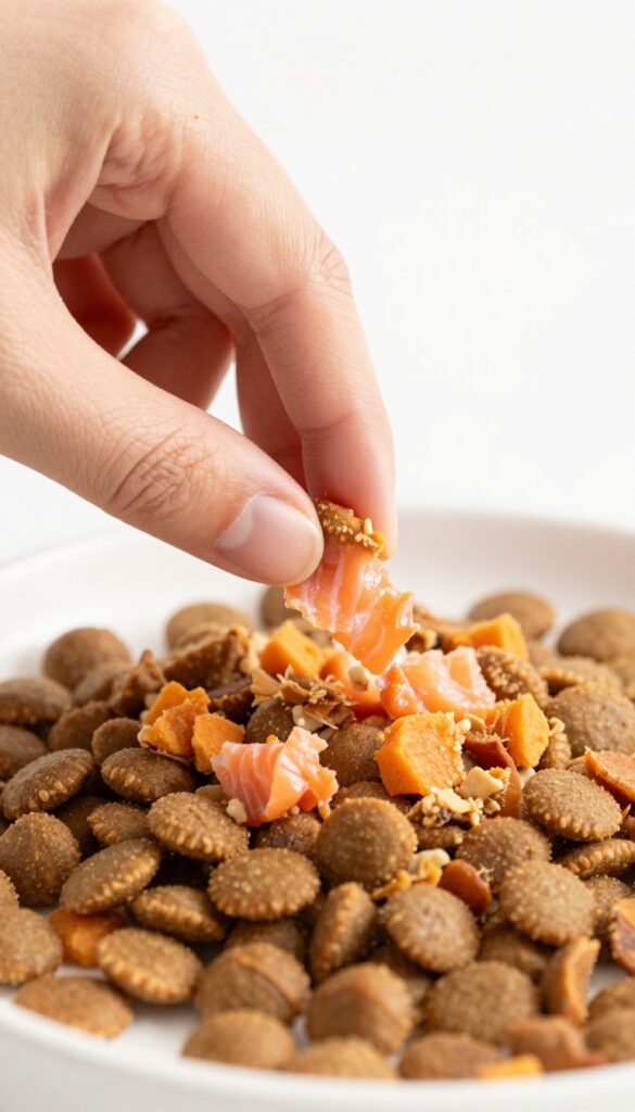 Hand pinching salmon and sweet potato dehydrated crumble over dog kibble bowl