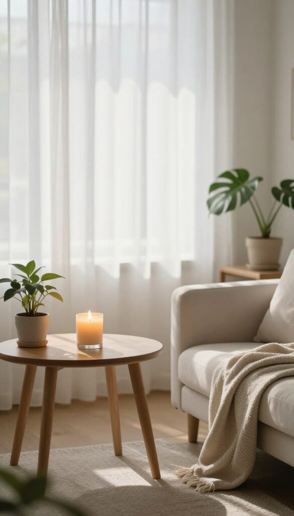 Cozy living room with a lit candle on a side table, soft natural light, clean and tidy space.