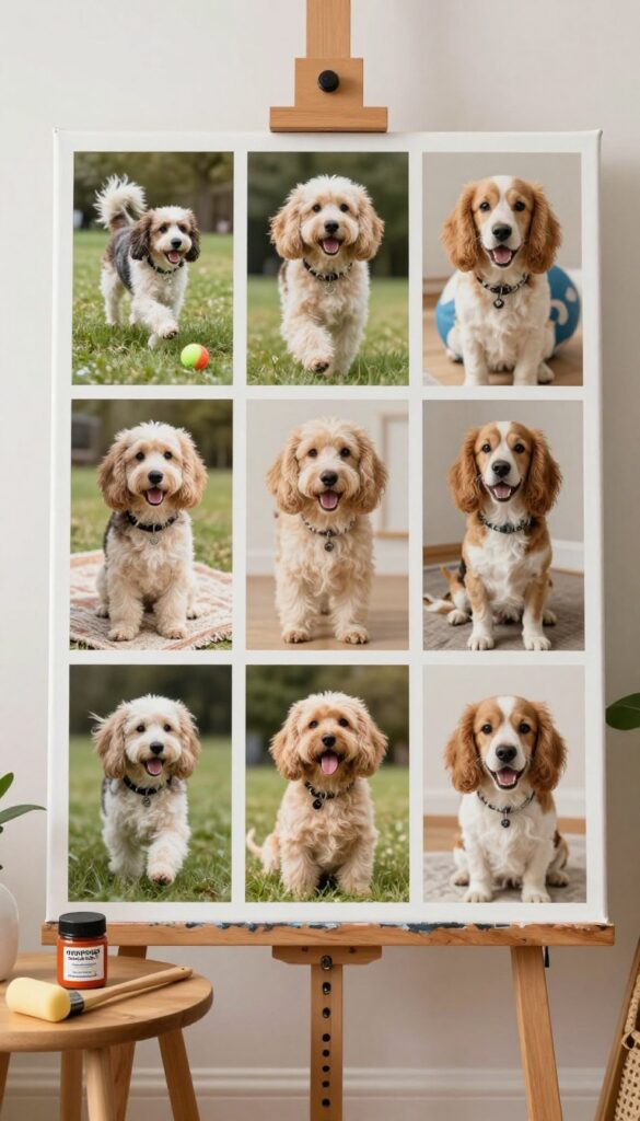 Photo collage canvas with dog pictures and Mod Podge supplies on a table