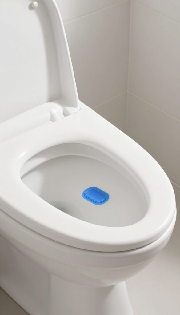 Close-up of a toilet bowl with a blue gel tab under the rim, clean and shiny, with natural light.