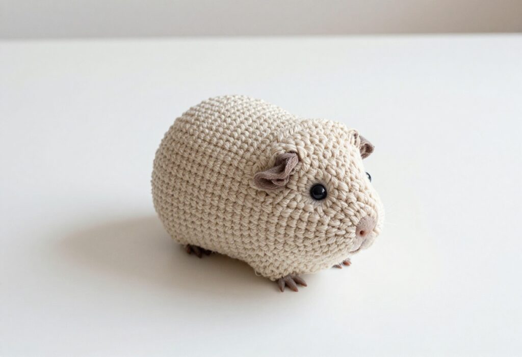 Cozy crochet setup with a guinea pig amigurumi and yarn