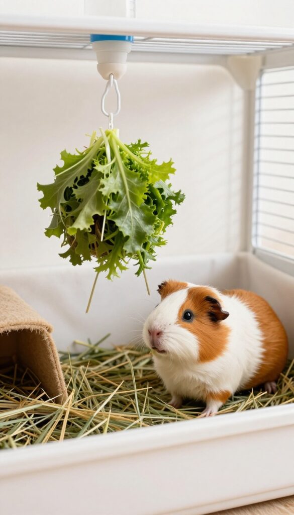 Guinea pig reaching up to a hanging veggie ball filled with greens in a cozy cage corner