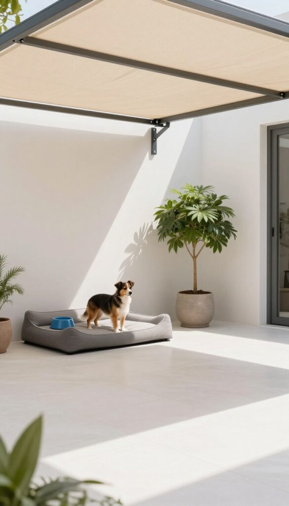 Apartment patio with retractable shade canopy, dog bed, and water bowl in the shaded area.