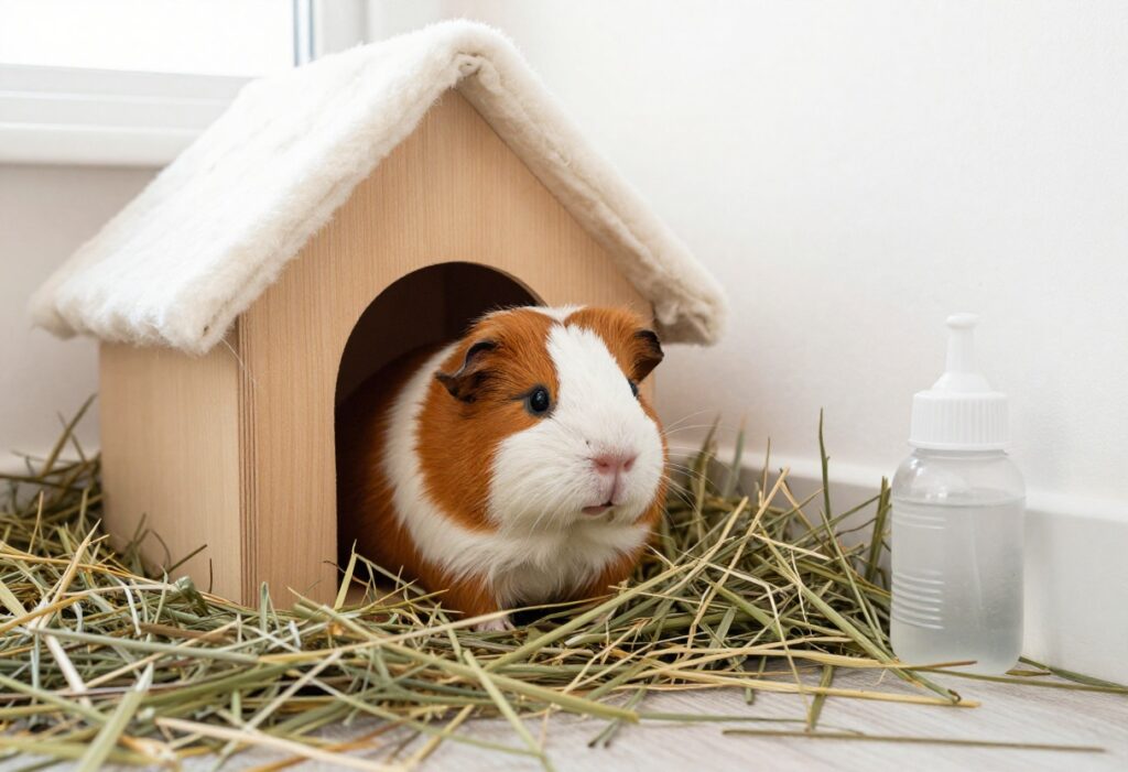 A well-organized guinea pig habitat with fleece bedding, hidey house, and fresh hay, showing easy daily care setup.