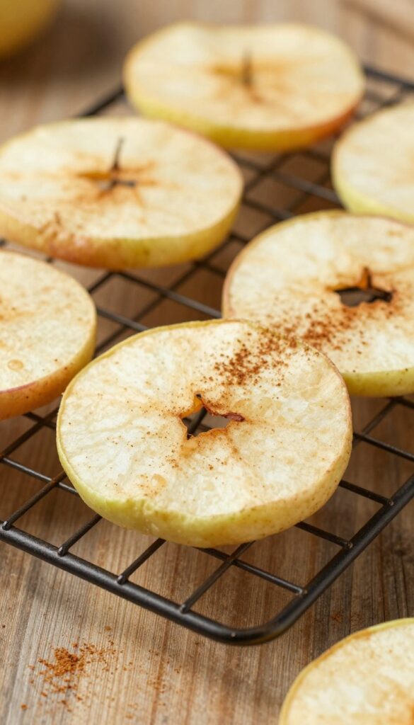 Homemade dehydrated apple rings with cinnamon for dog treats, arranged on a wire rack and wooden surface in natural light.