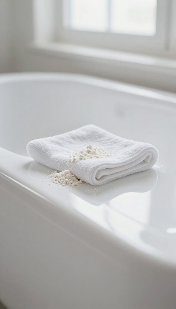 Close-up of a clean white bathtub being buffed with a microfiber cloth and cornstarch powder, bright natural light, smooth glossy finish.
