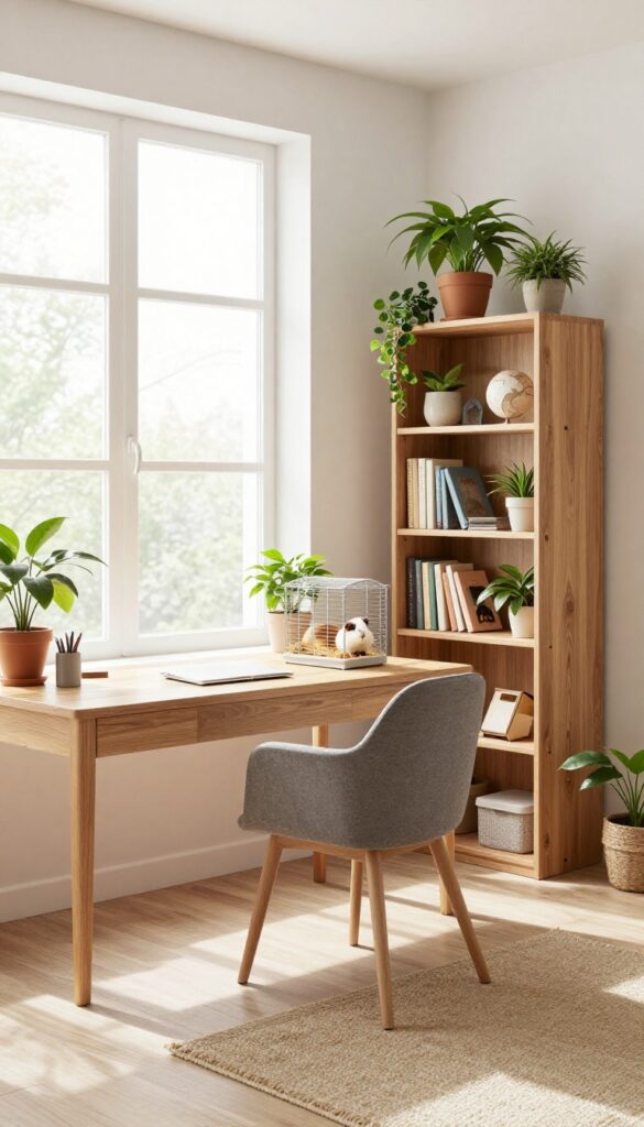 Multi-purpose room with guinea pig zone in a small flat, featuring a desk, bookshelf divider, and cage on a shelf.