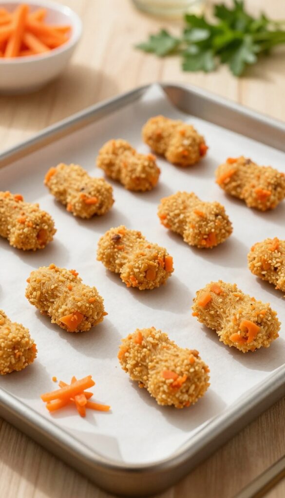 Homemade lamb and carrot dog food nuggets on a baking sheet, baked golden brown with visible carrot pieces.