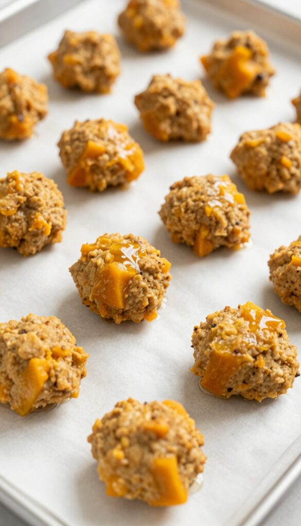 Homemade butternut squash and turkey meatballs for dogs arranged on a baking sheet