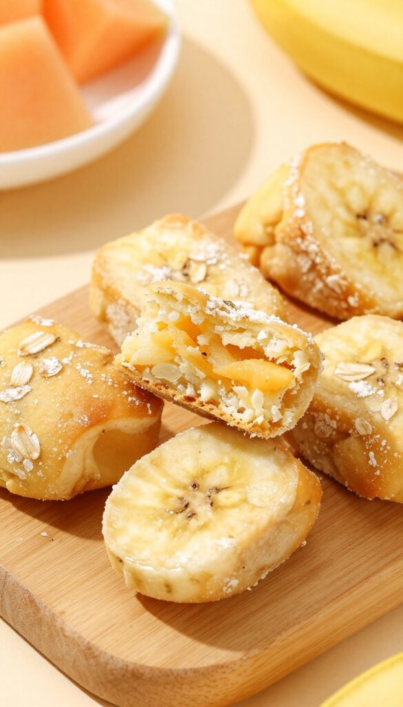 Homemade cantaloupe and banana soft chews for dogs, arranged on a wooden board with fresh fruit in the background.