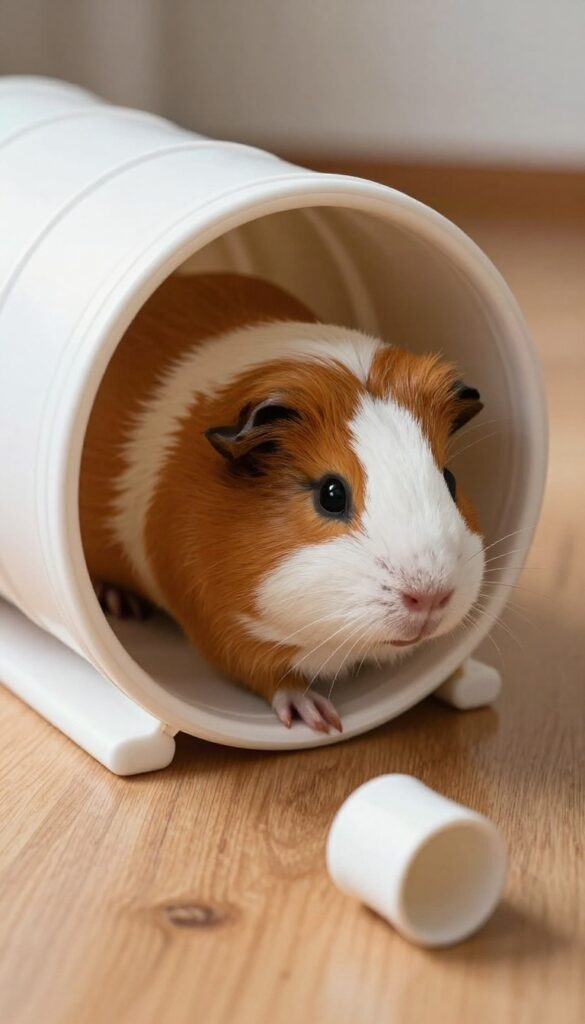 Guinea pig exploring a white PVC pipe tunnel on a wooden floor