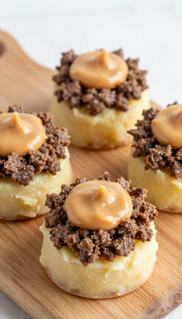 Frozen stuffed Kong cups with layers of ground meat, sweet potato, and peanut butter in silicone muffin cups on a wooden board.