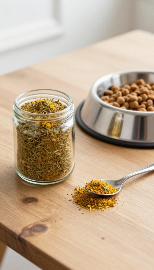 Homemade Dill Pickle Pup Sprinkle herb topper in a jar with a spoon sprinkling it over dog kibble in a bowl.