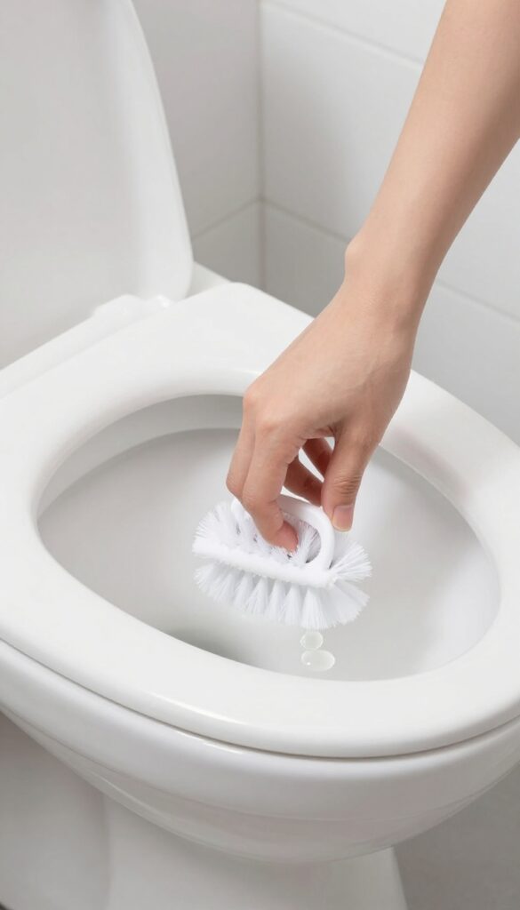 Person scrubbing inside of toilet tank with brush and vinegar