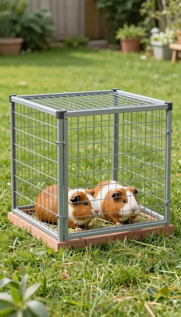 Outdoor guinea pig enclosure made from a modified dog exercise pen with wire mesh top and bricks along the base, set on grass in bright sunlight.