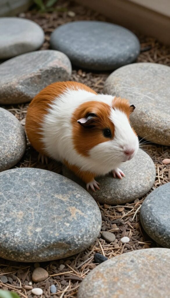 Guinea pig resting on a cool natural stone slab in a cage habitat