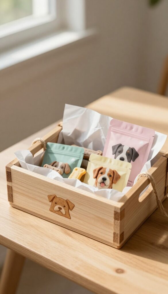Wooden crate with branded tissue paper and dog treats