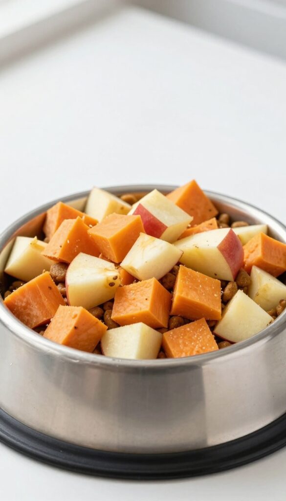 Close-up of dry kibble in a dog bowl topped with small diced sweet potato and apple cubes, natural lighting, photorealistic pet food photography.