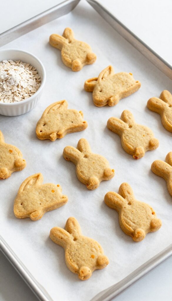 Homemade rabbit and sweet potato soft chews for dogs, baked on a parchment-lined sheet, golden brown and fork-marked, in natural light.