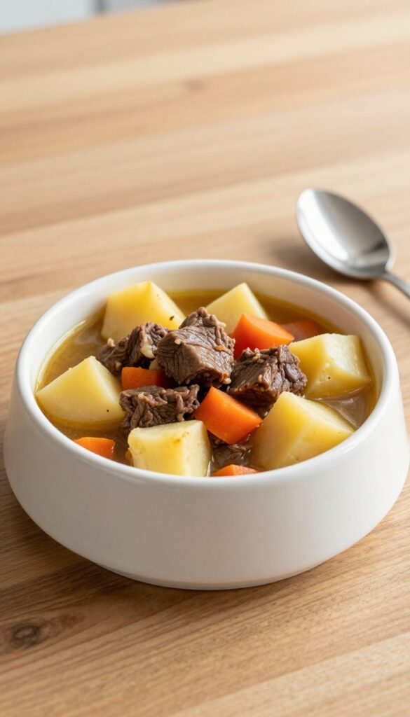 A dog bowl filled with homemade beef and potato stew for dogs, with chunks of beef, potato, and carrot in broth.
