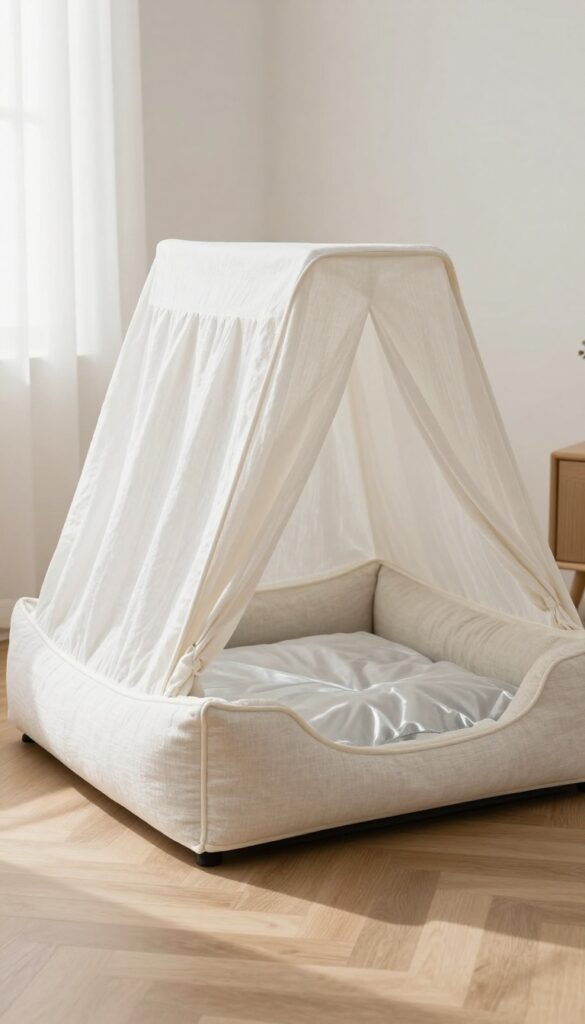 Large dog bed with canopy frame in bright living room