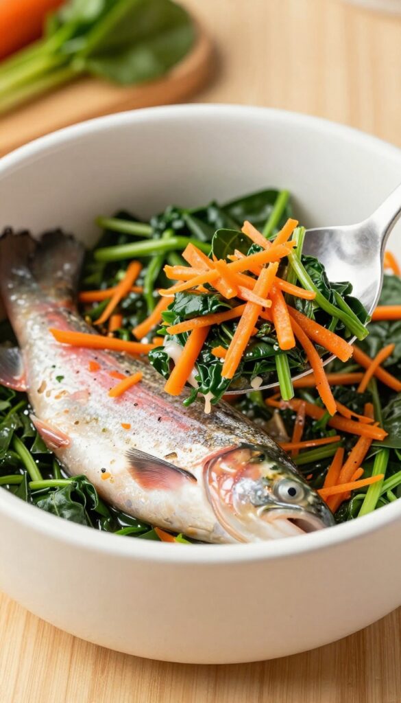 Raw trout and veggie blend in a dog bowl, with pink fish, orange carrots, and green spinach, photorealistic pet food photography