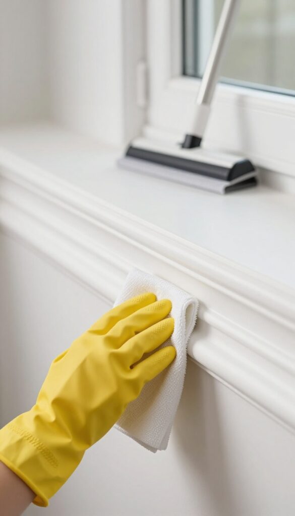 Person cleaning baseboard with microfiber cloth, bright natural light, dust-free crown molding visible above