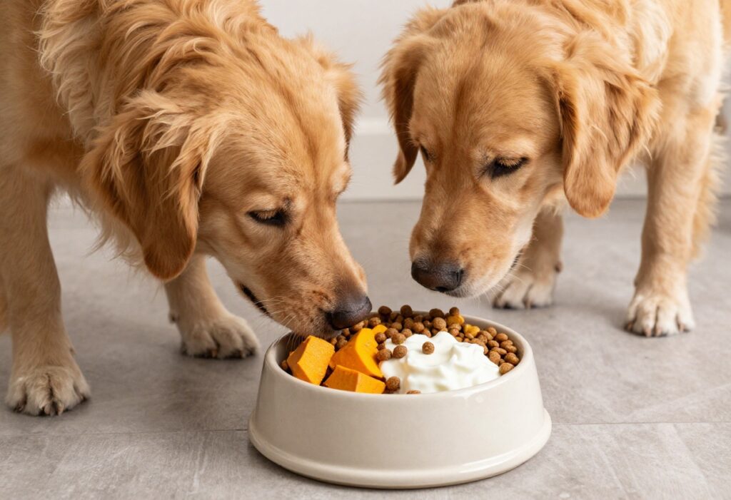 Dog slow feeder bowl with kibble and pumpkin, dog sniffing