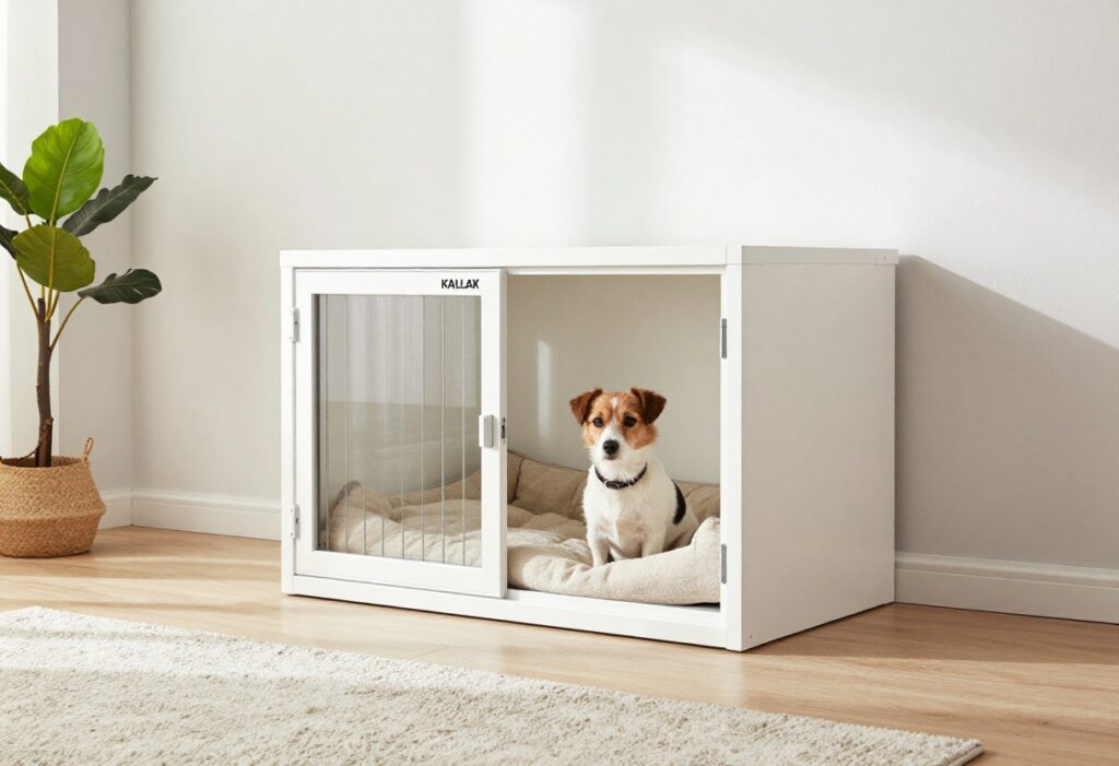 IKEA KALLAX dog crate hack with a small dog peeking out in a modern living room