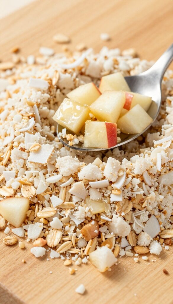 Homemade pollock and apple crumble dog food topper with oat crumbles and coconut oil, served as a kibble topper for dogs.