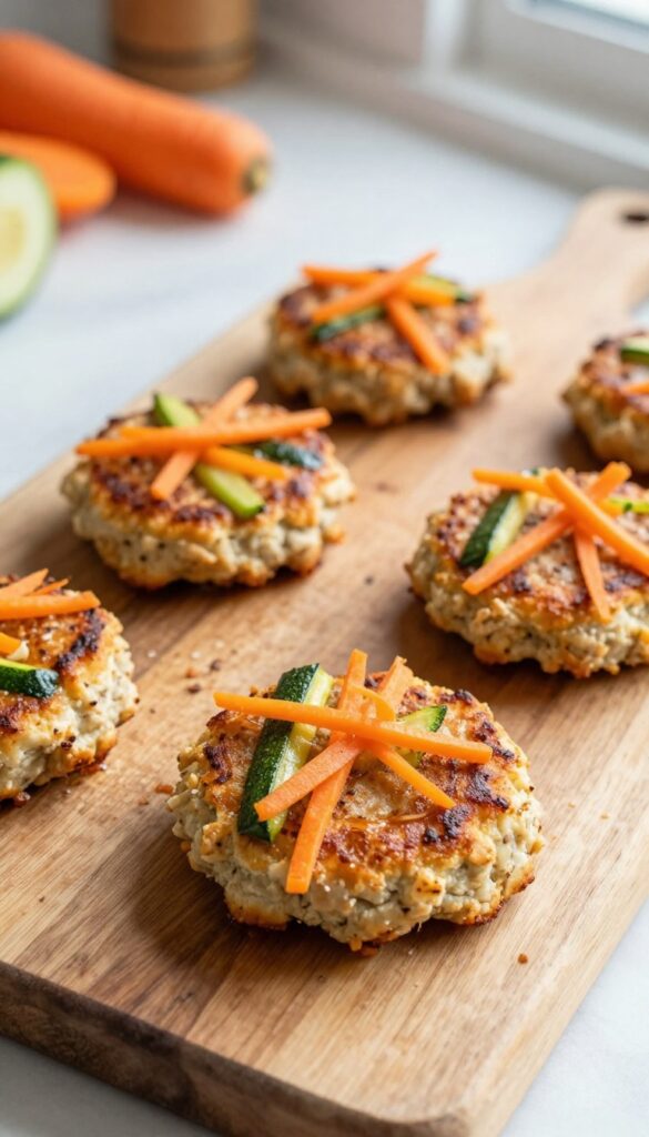 Homemade dog food meat and veggie patties arranged on a wooden board, showing shredded carrot and zucchini pieces.