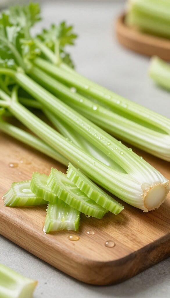 Fresh celery stalks on a wooden cutting board, cut into small strips, with natural light and water droplets.