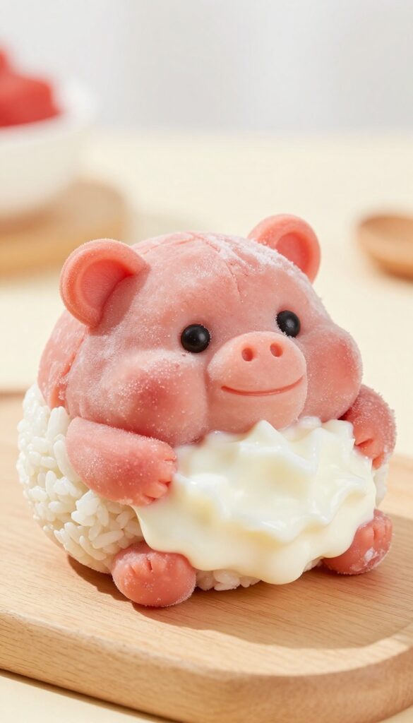 Frozen Kong stuffed with pork, rice, and yogurt dog treat on a wooden surface.