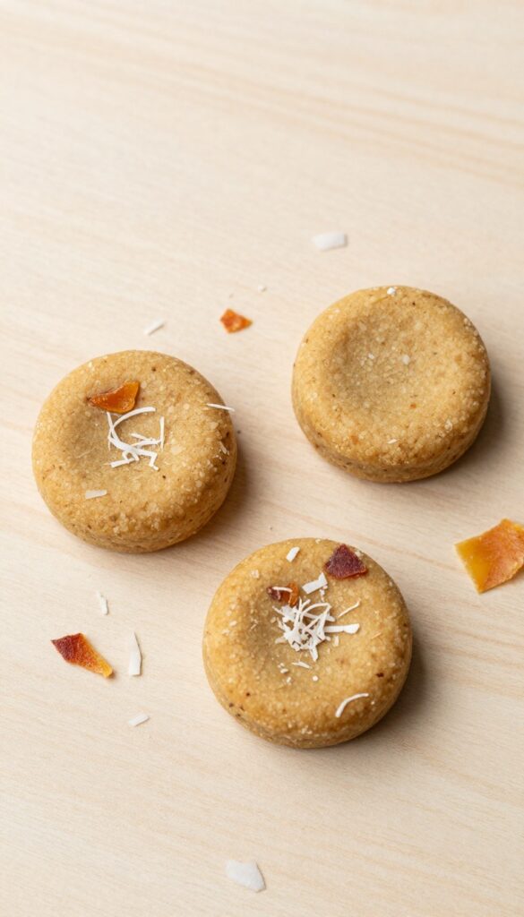 Homemade no-bake peach and coconut dog treats, small bite-sized balls on a wooden surface with coconut and peach pieces scattered nearby.