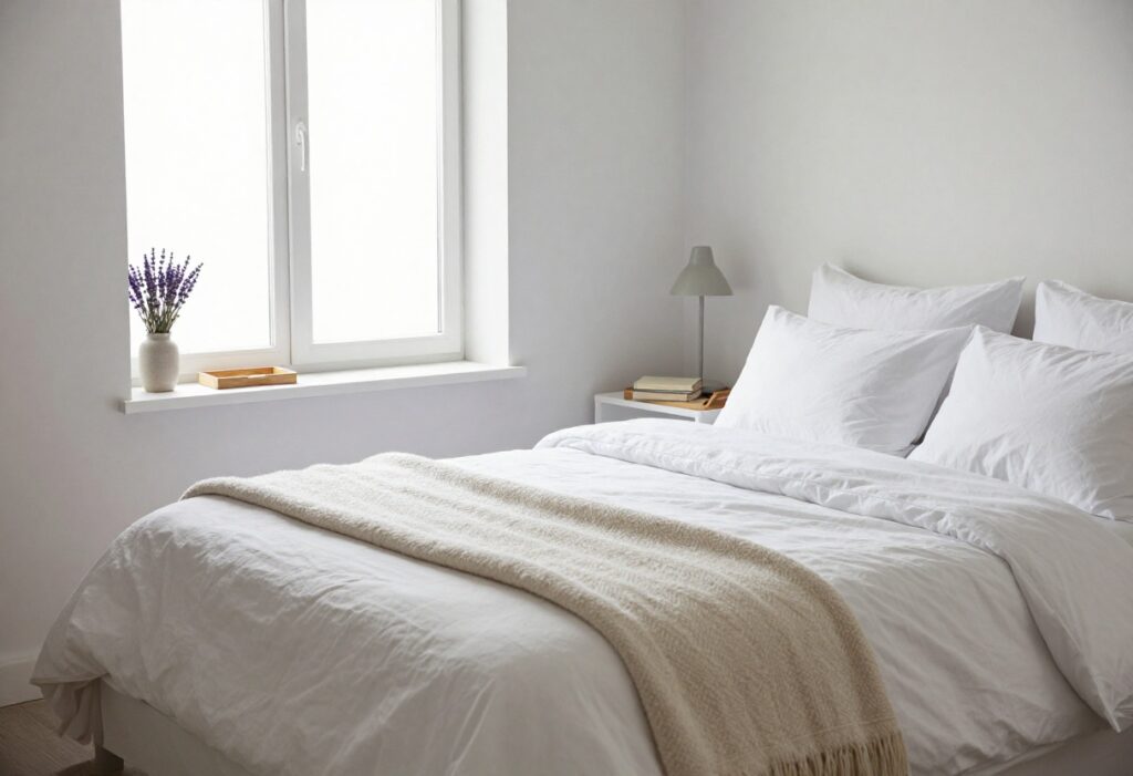 Cozy bedroom with soft lighting, tidy bed, and lavender sprigs on nightstand