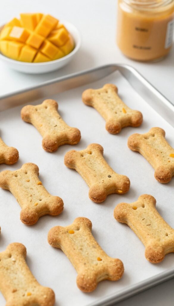 Homemade mango peanut butter dog biscuits in bone shapes on a baking sheet, with mango puree and peanut butter nearby.