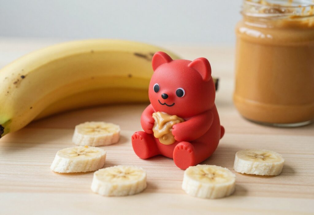 Homemade dog treat filling in a red Kong toy with peanut butter and banana ingredients nearby.