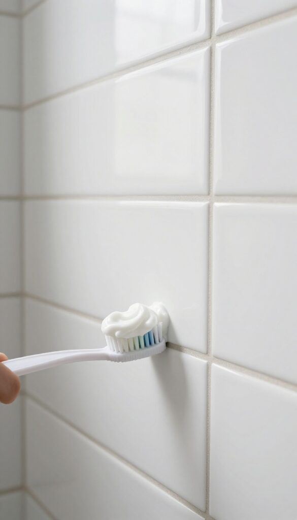 Close-up of scrubbing grout with toothpaste and baking soda paste on a toothbrush