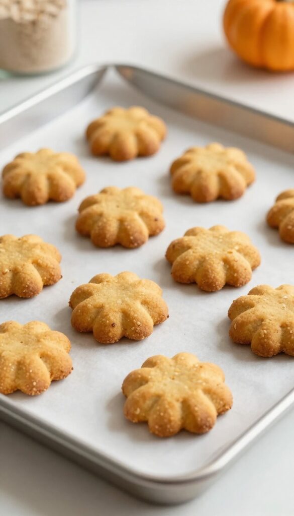 Small pumpkin and oat dog cookies on a baking sheet, homemade crunchy dog treats.