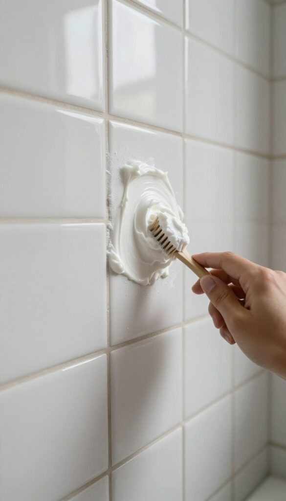 Hand applying baking soda paste to grout lines with toothbrush