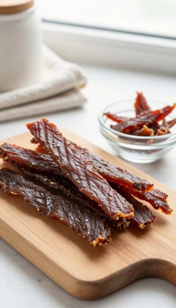 Homemade chicken gizzard jerky dog treats arranged on a wooden cutting board, chewy strips for training rewards.