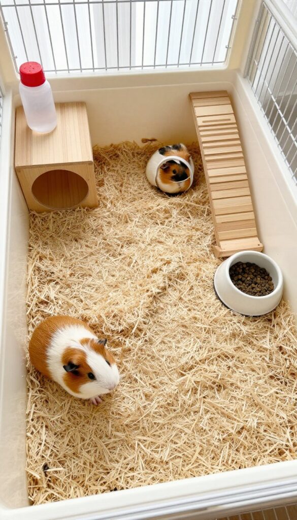 Guinea pig cage with open floor space for exercise and enrichment.