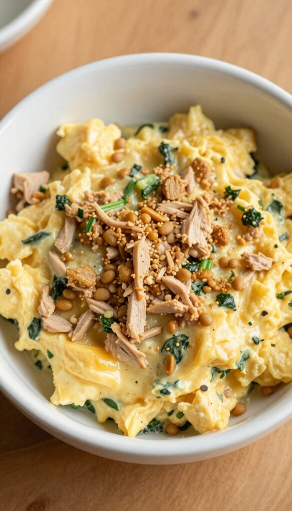 Homemade turkey and spinach egg scramble dog food topper served over kibble in a dog bowl.
