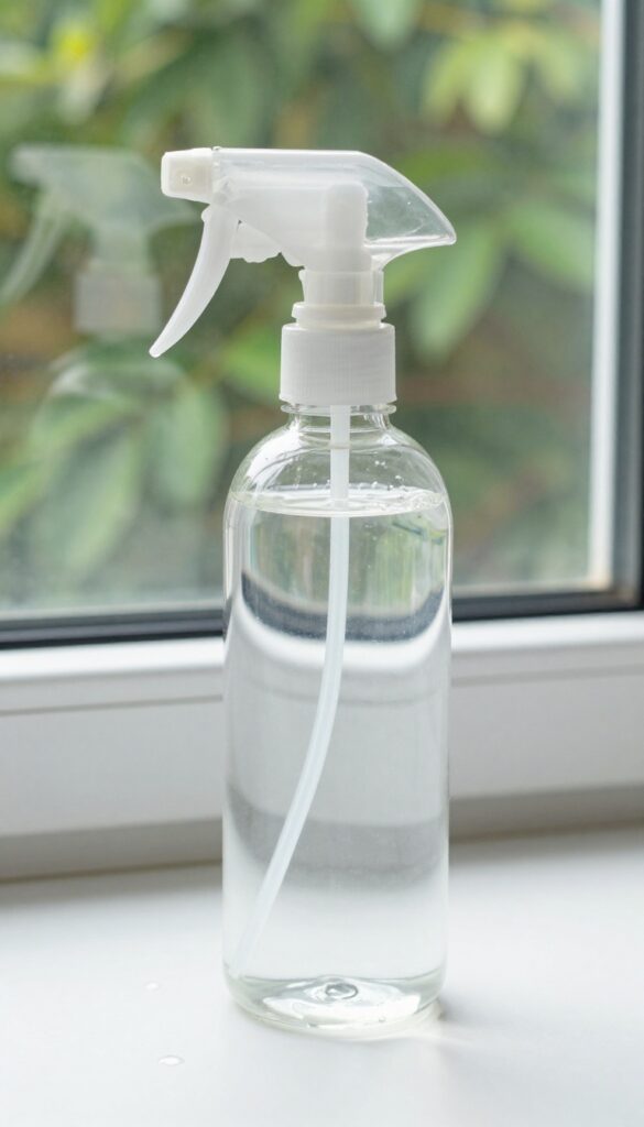 Homemade window cleaning solution with vinegar and dish soap on a sunny windowsill