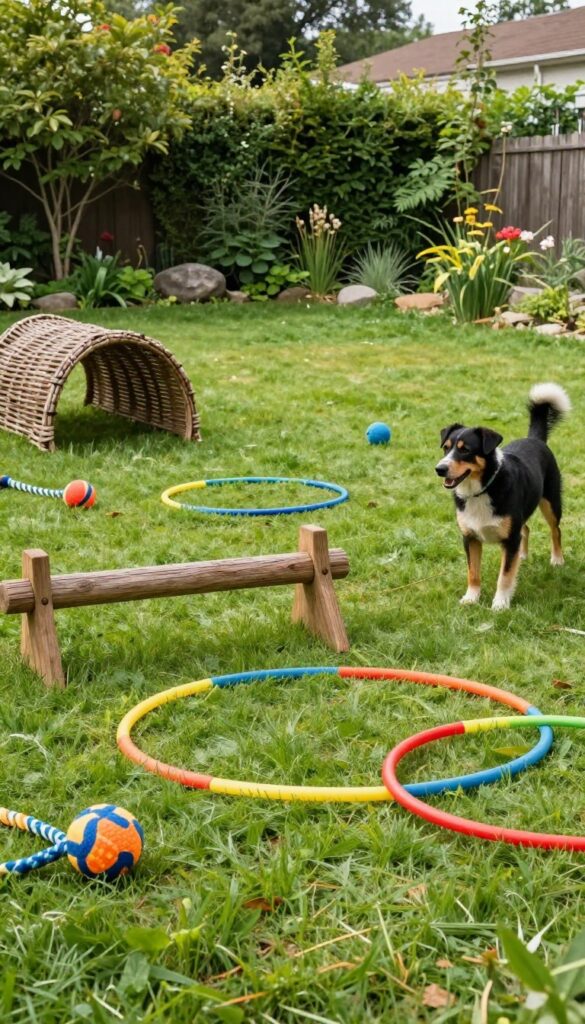 Dog-friendly garden with DIY agility obstacles including a hula hoop jump, wooden hurdle, and tunnel, with toys scattered on grass.