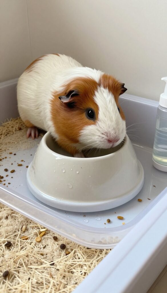 Guinea pig enclosure with water bottle and food bowl on a tray for easy cleaning