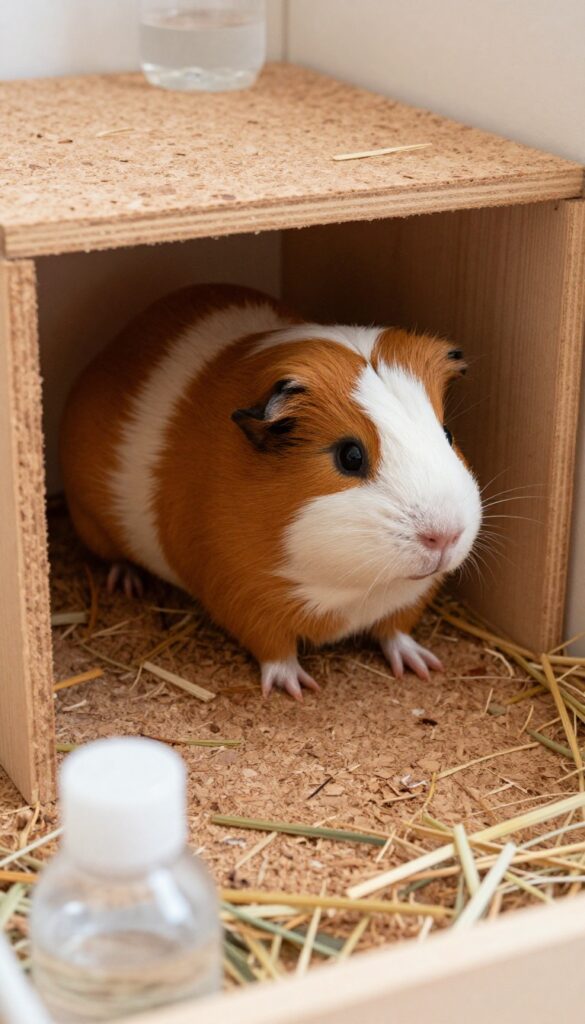 Guinea pig standing on cork mat in cage
