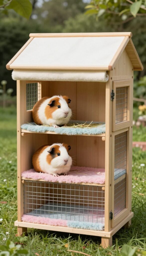 Repurposed wooden bookshelf outdoor guinea pig condo with mesh doors, shade cloth roof, fleece bedding, and guinea pigs on shelves in a sunny yard.