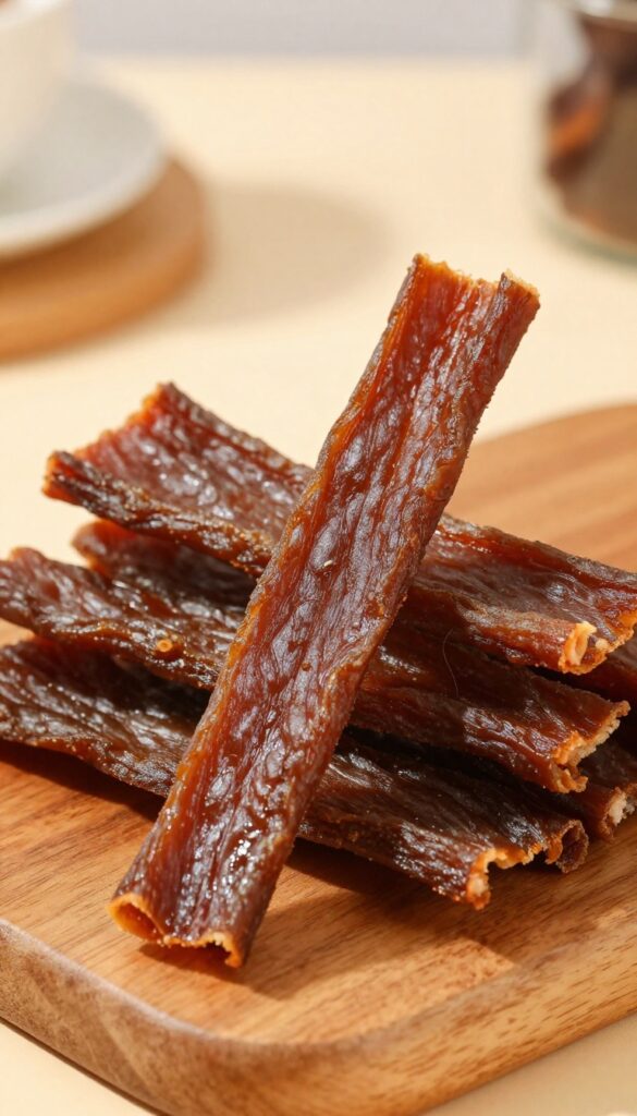 Homemade dehydrated rabbit jerky strips for dogs, arranged on a wooden board in natural light.