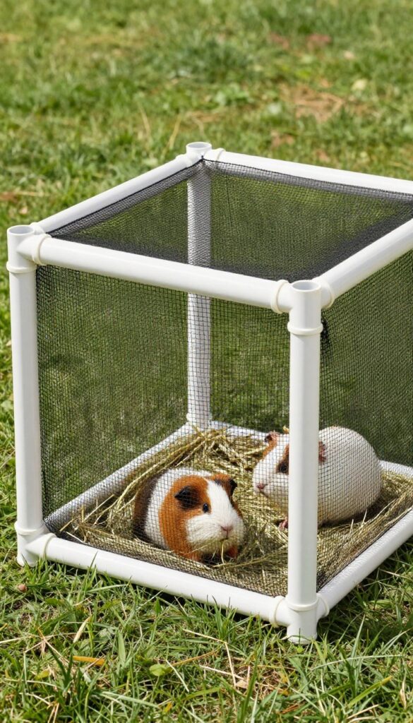 DIY PVC pipe frame with netting guinea pig enclosure outdoors